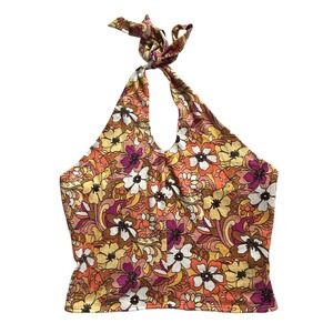 Y2K Floral Halter Top XL Brown Psychedelic Boho Festival Tie‎ Neck Indie Retro